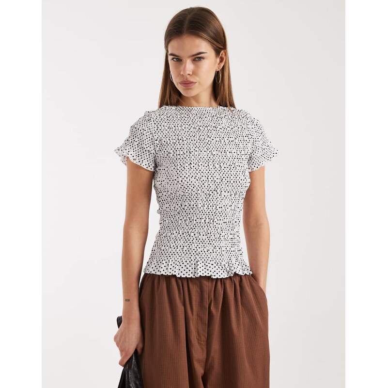 Daisy Street shirred short sleeve top in black polka dot 114956458