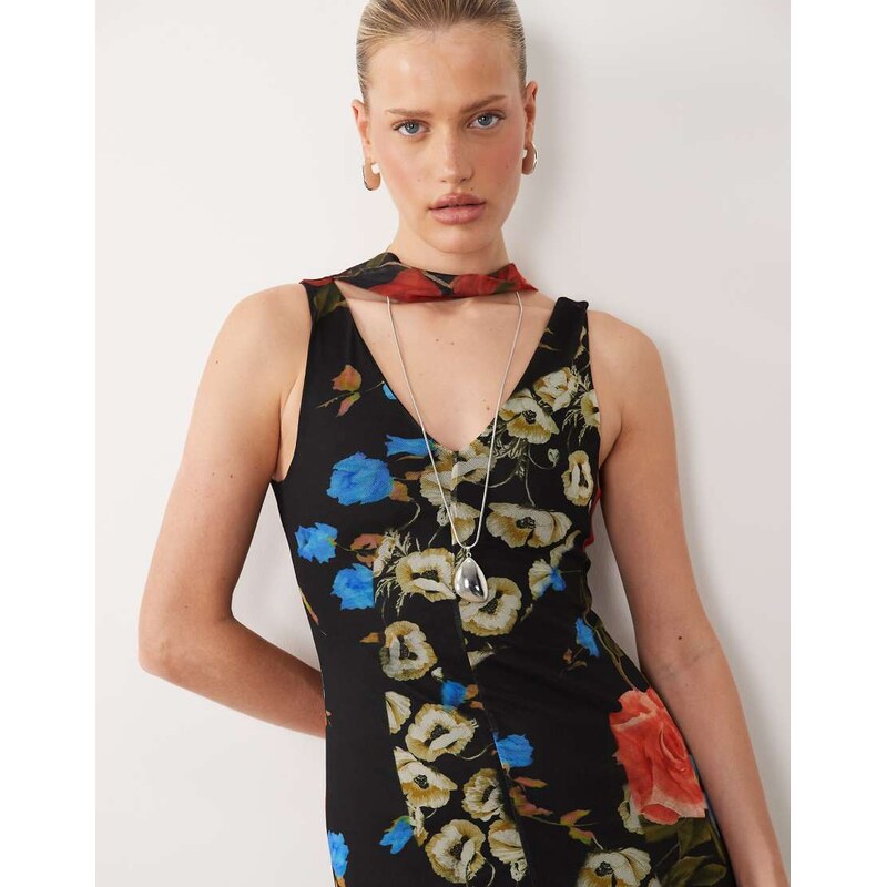 ASOS DESIGN printed mesh midi dress with scarf detail in floral