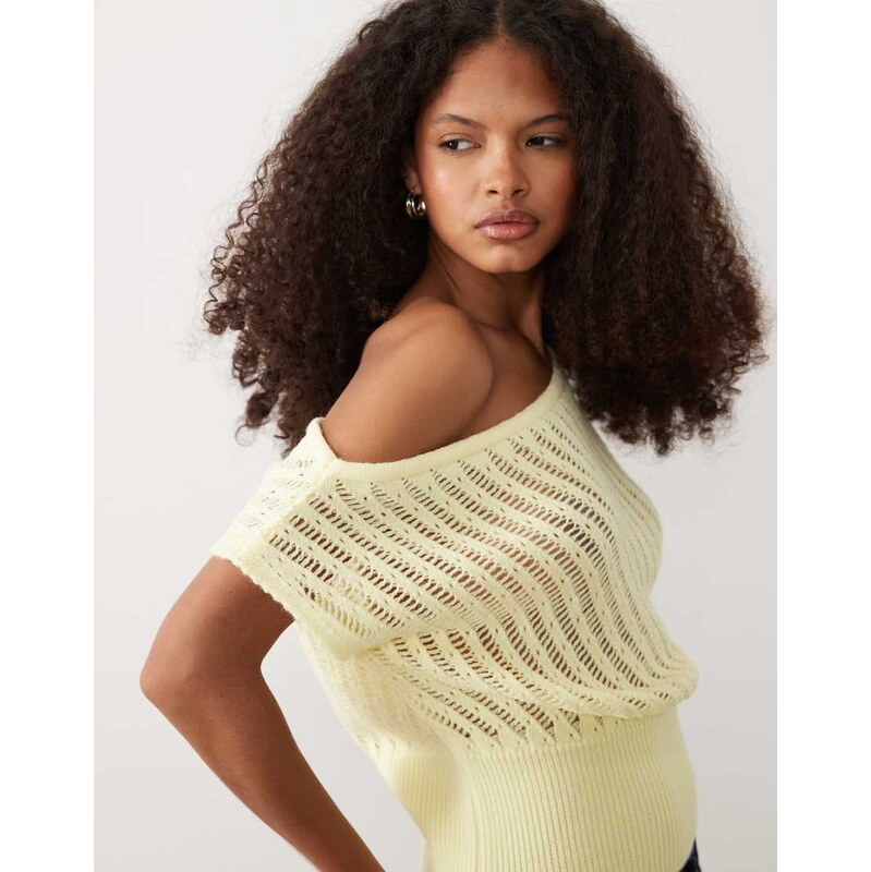 Miss Selfridge knitted off shoulder top in buttermilk-Yellow