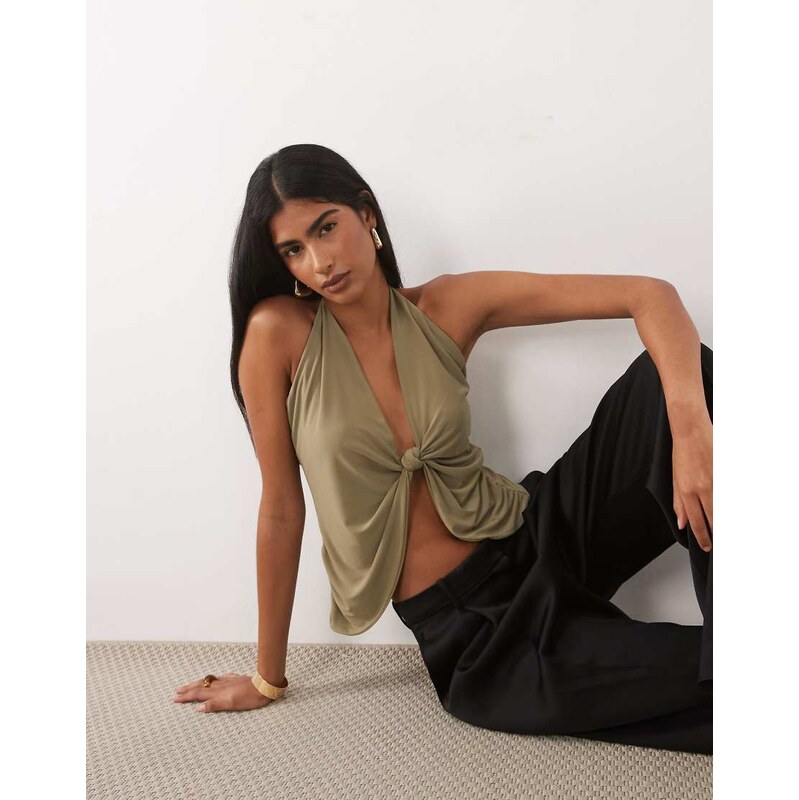 ASOS DESIGN knotted plunge draped top with skinny straps in