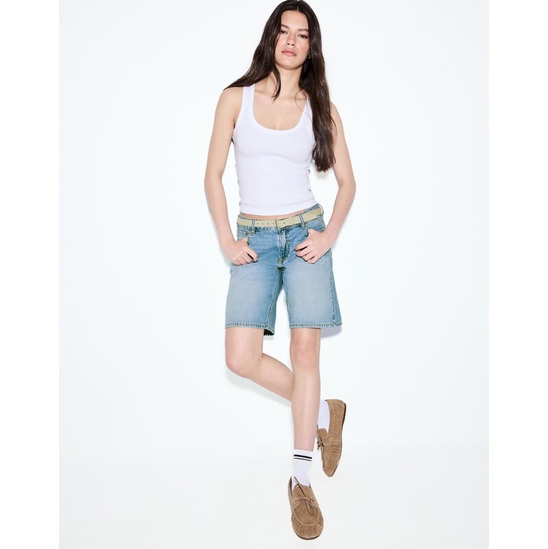 Stradivarius Belted denim bermuda shorts in medium blue denim 114935232