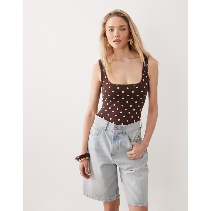 Miss Selfridge polka dot picot trim bodysuit-Multi 115518364