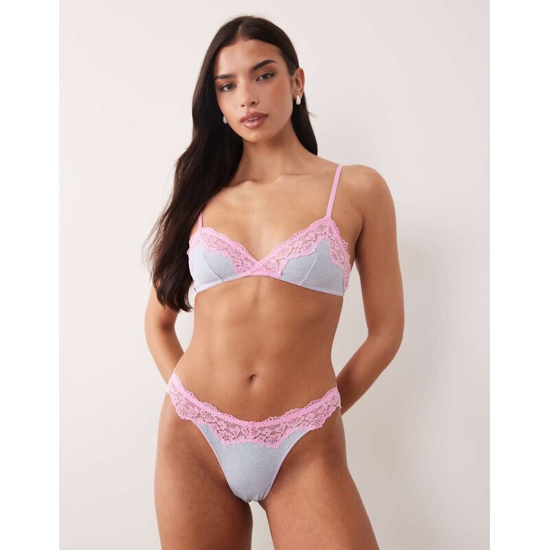 ASOS DESIGN Carmen rib thong with lace trim in lilac stripe &