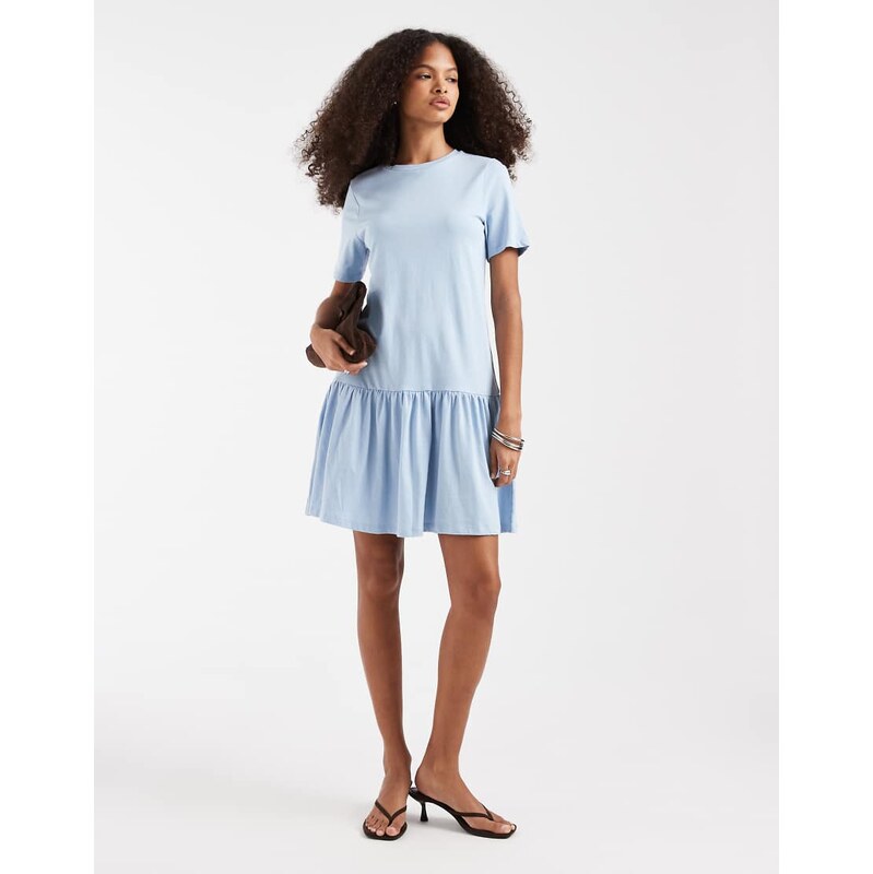 Pieces drop waist short sleeve mini dress in pale blue