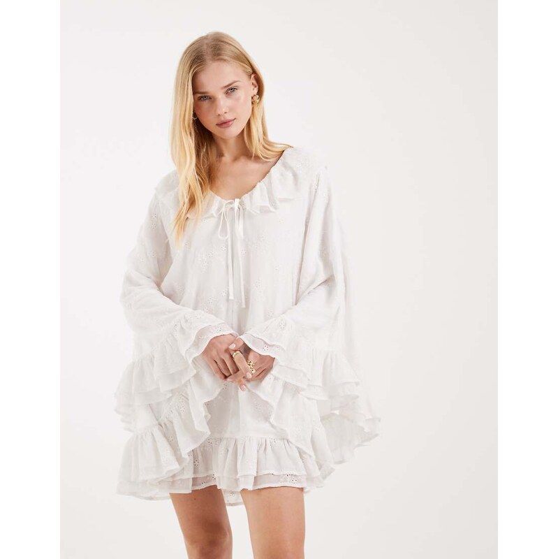 Miss Selfridge festival embroidered chiffon cape dress-White