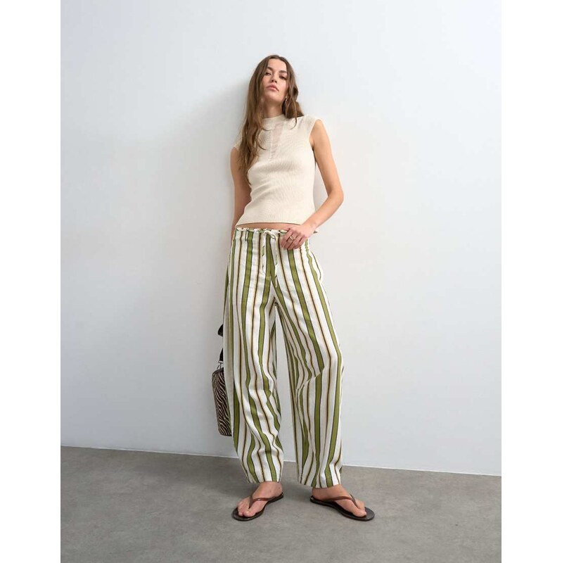 Topshop linen green stripe clean tie waist barrel trouser in