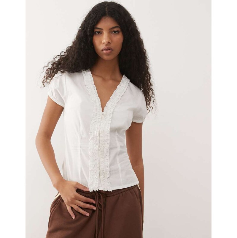 COLLUSION frill detail short sleeve blouse in white