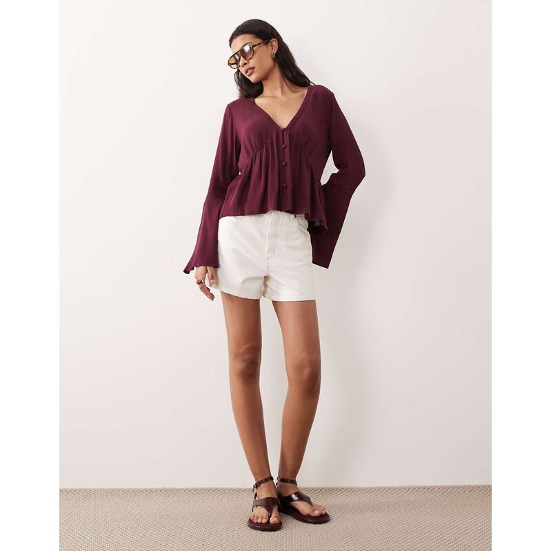 Miss Selfridge flare sleeve button up peplum blouse in fig-White
