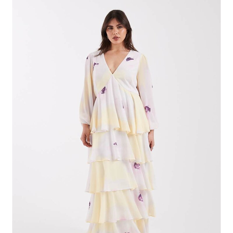 Pretty Lavish Curve ruffle maxi dress in lilac and yellow floral