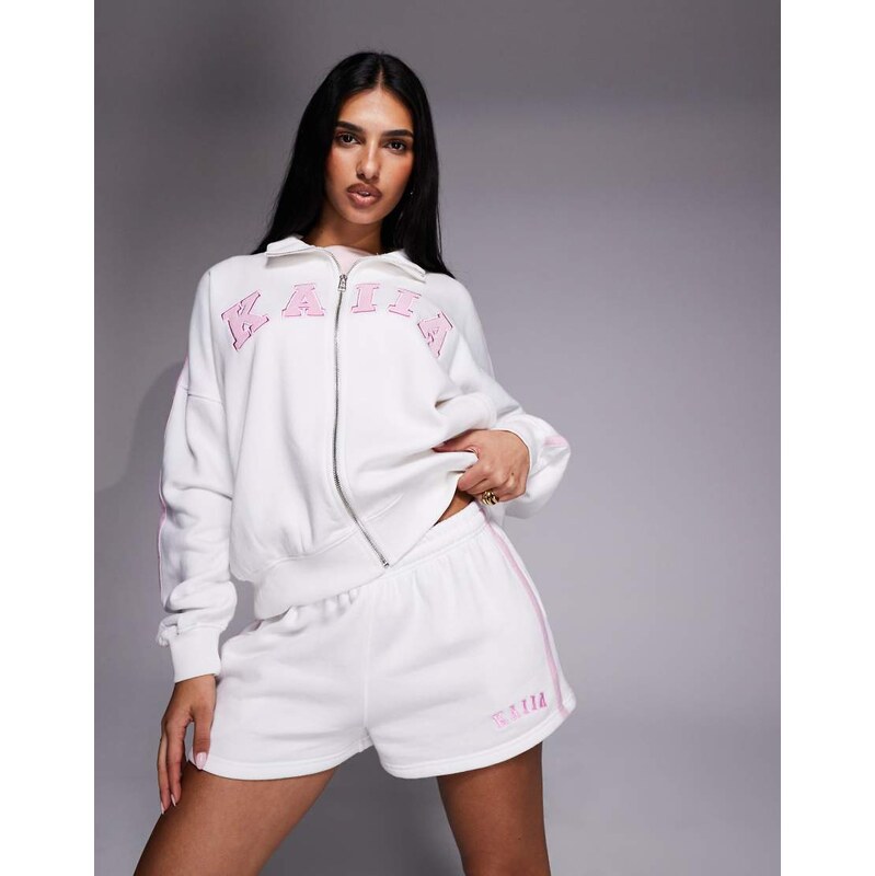 Kaiia embroidered logo sweat shorts co-ord in white and pink