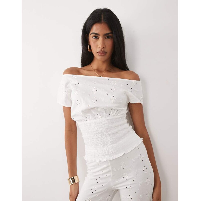 ASOS DESIGN co-ord broderie shirred off shoulder top in white