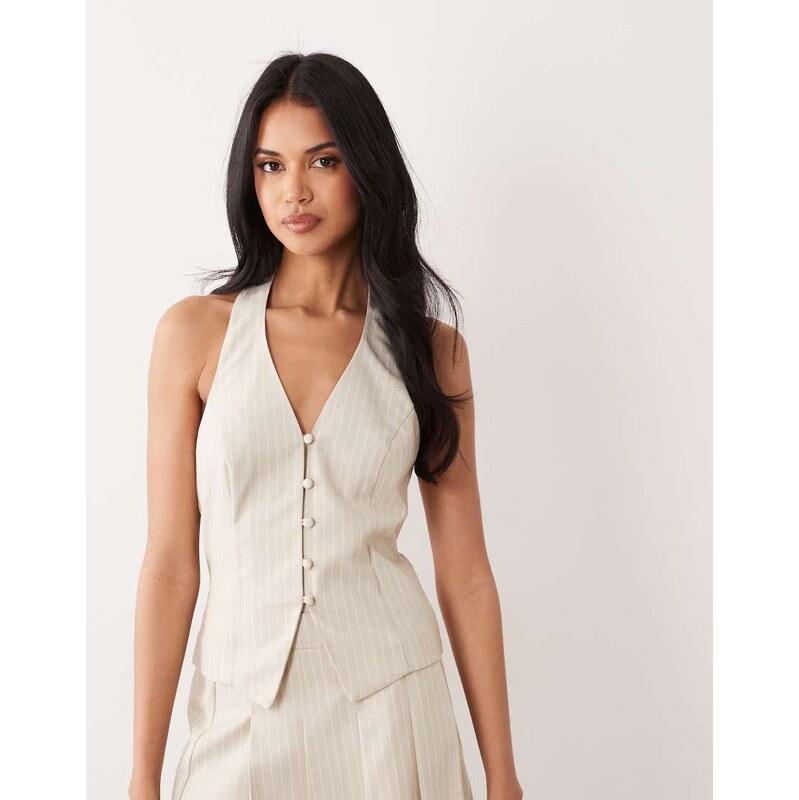 Miss Selfridge tailored linen look halter top in beige stripe-Green 115360809