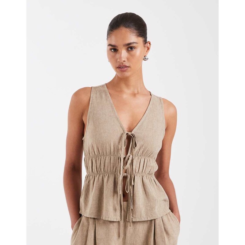JJXX co-ord linen blend tie up front top in beige-Neutral 115499460