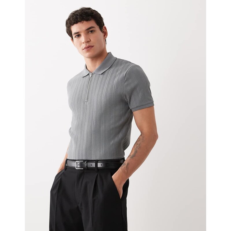 ASOS DESIGN muscle fit zip polo in charcoal rib-Grey