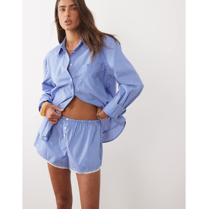 Good American poplin lace trimmed boxer shorts co-ord in blue