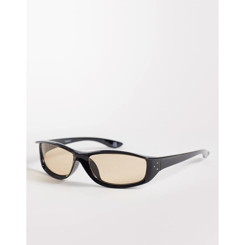 ASOS DESIGN wrap sunglasses in black frame with amber lens