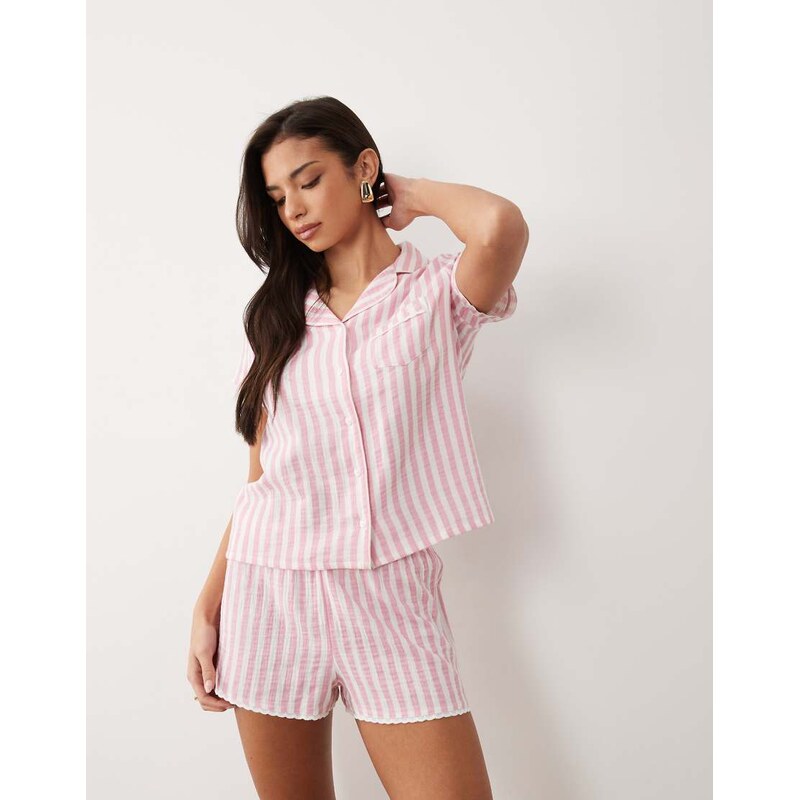 Boux Avenue cotton woven short pj set in pink stripe 115415102