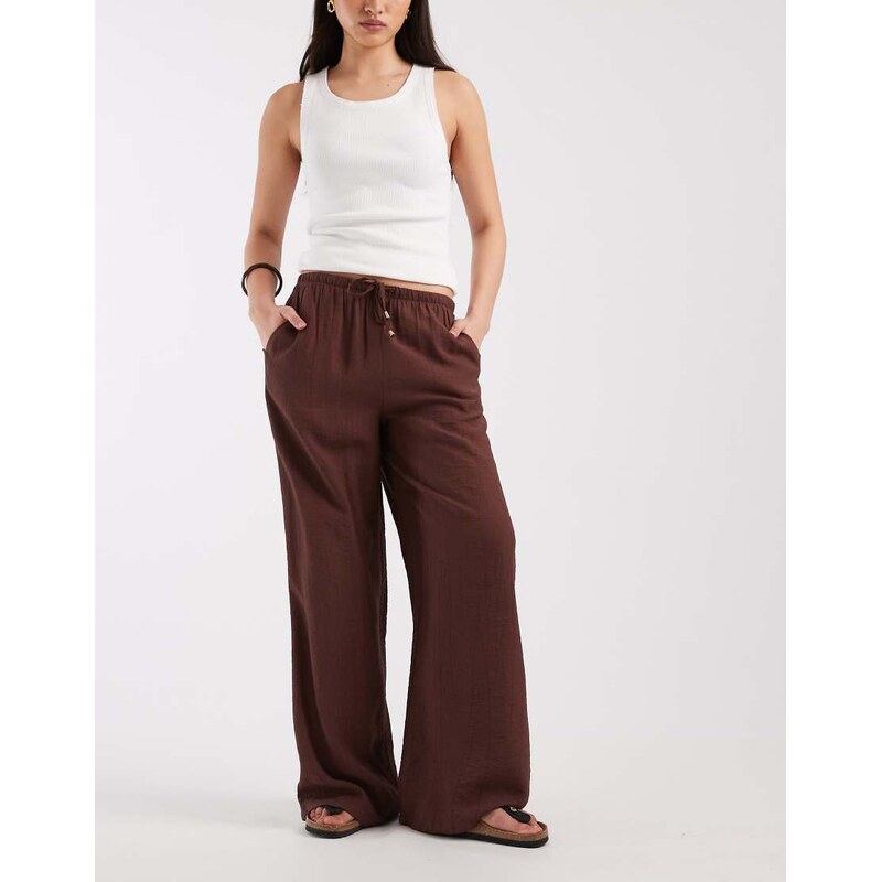 New Look crinkle wide leg trousers in brown