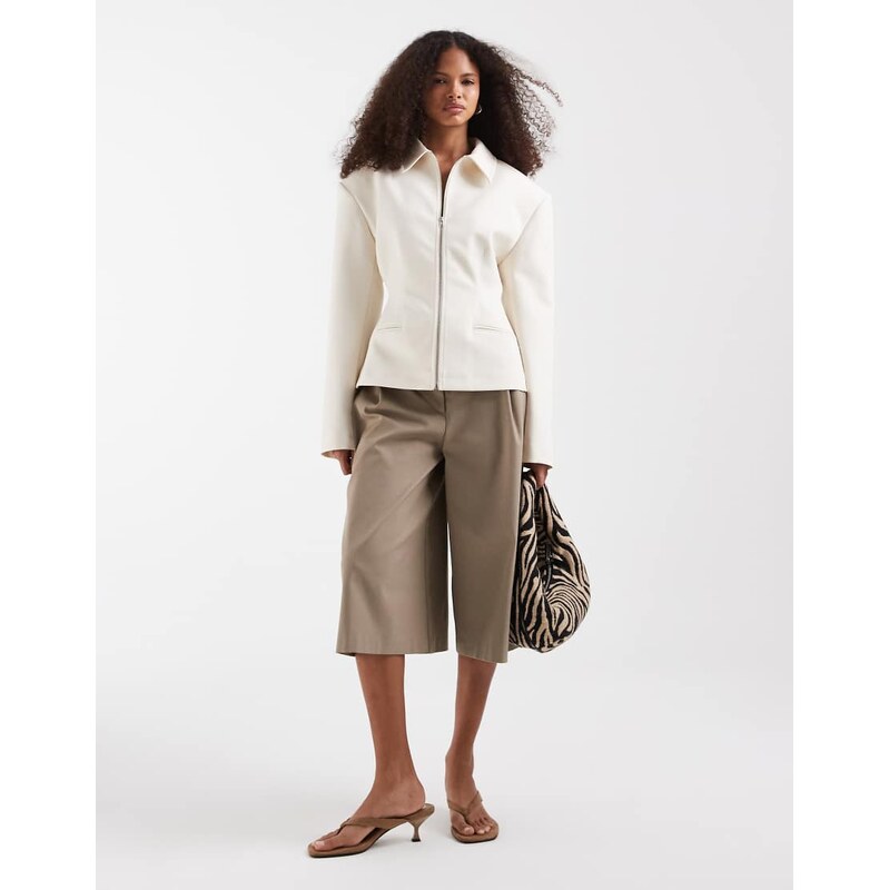 ASOS DESIGN tailored cinch waist zip through jacket in ivory