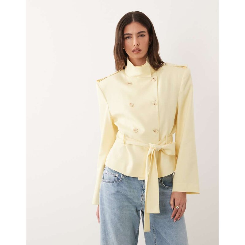 ASOS DESIGN extreme shoulder crop trench in buttermilk-Yellow