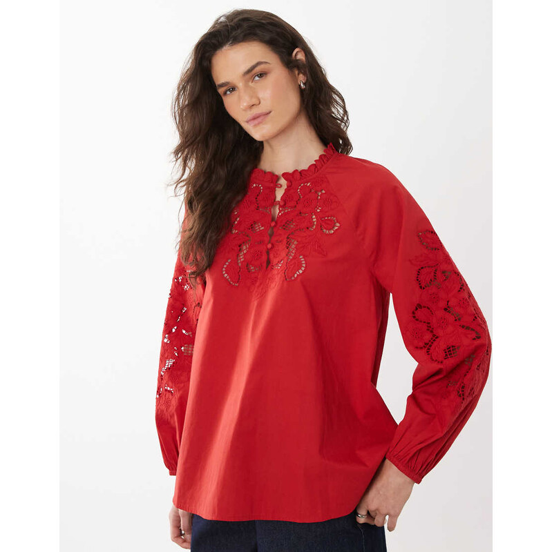 Mango 100% cotton embroidered cut out blouse in red 114956567