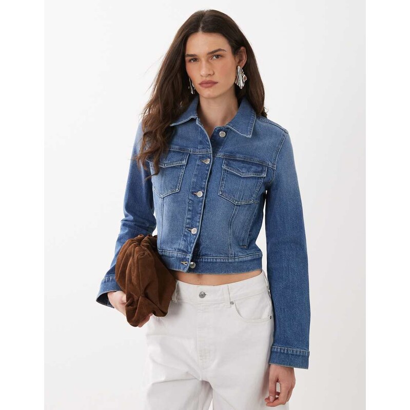 Mango cotton rich classic denim jacket in mid blue