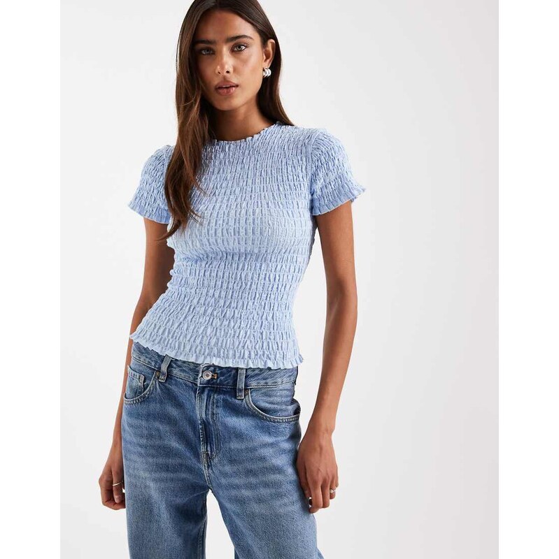 Daisy Street shirred short sleeve top in blue stripe-Multi