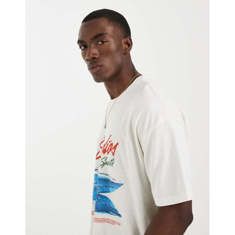 ASOS DESIGN boxy oversized t-shirt with speedboat graphic in cream-White
