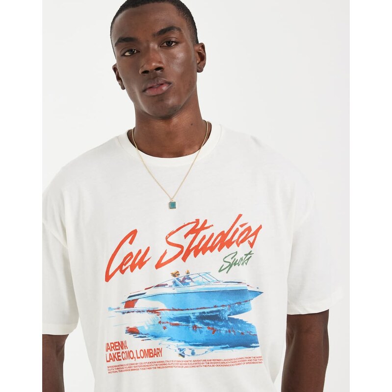 ASOS DESIGN boxy oversized t-shirt with speedboat graphic in cream-White