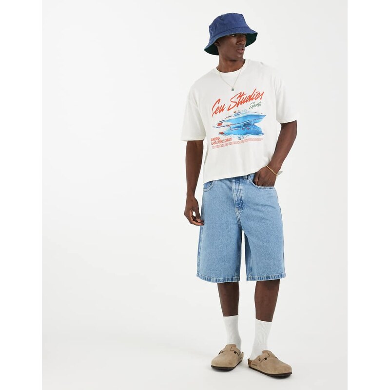 ASOS DESIGN boxy oversized t-shirt with speedboat graphic in cream-White