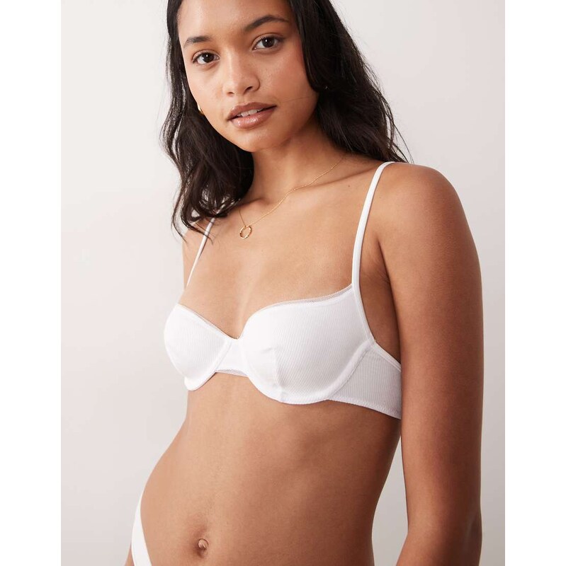ASOS DESIGN Yara rib underwire bra with mesh binding in cream-No