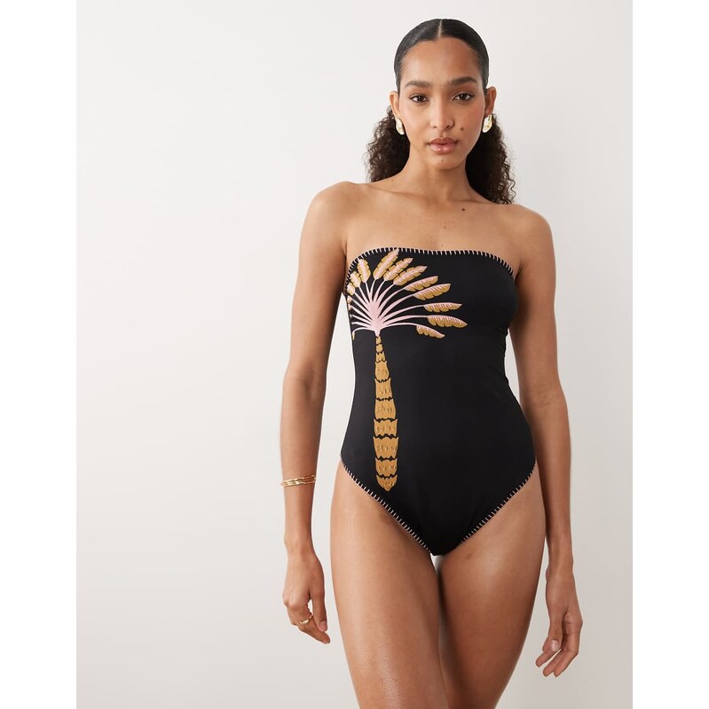 Never Fully Dressed embellished bandeau swimsuit in black palm