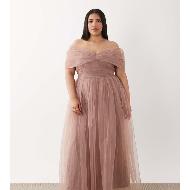 Lace & Beads Plus Bridesmaid tulle bardot maxi dress in taupe