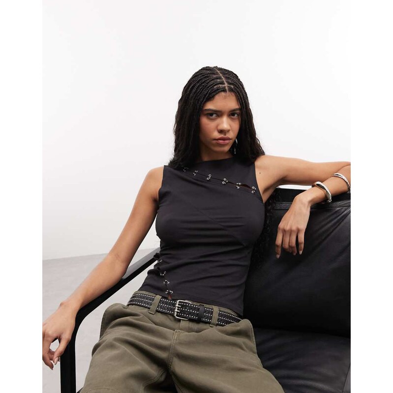 Weekday asymmetric eyelet detail tank top in black
