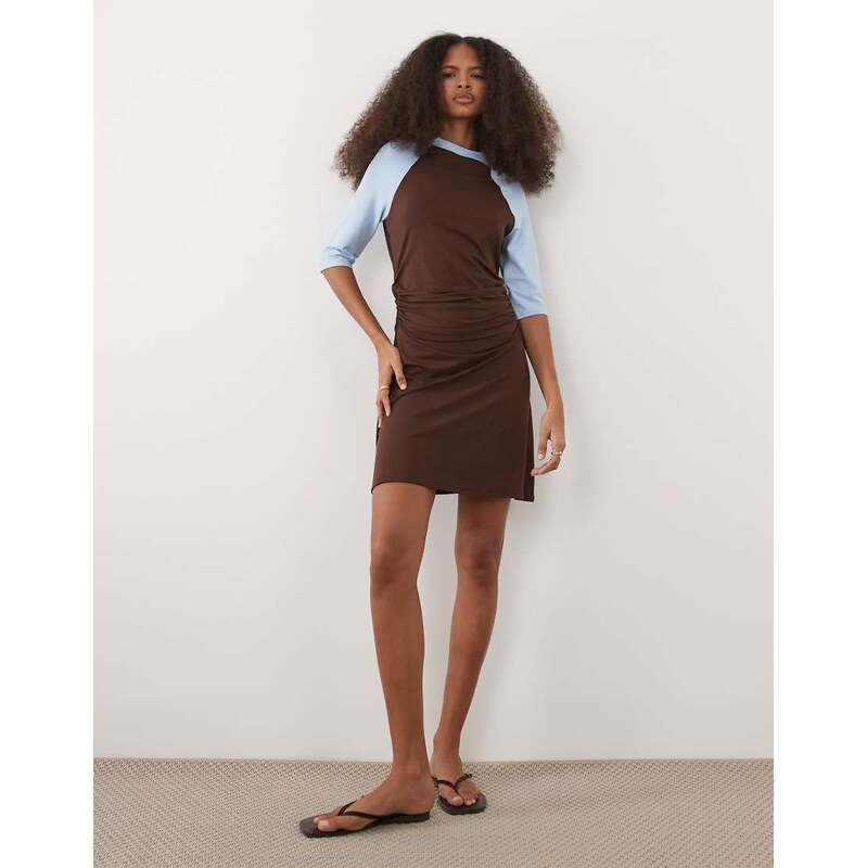ASOS DESIGN short raglan sleeve with gathering dress in brown