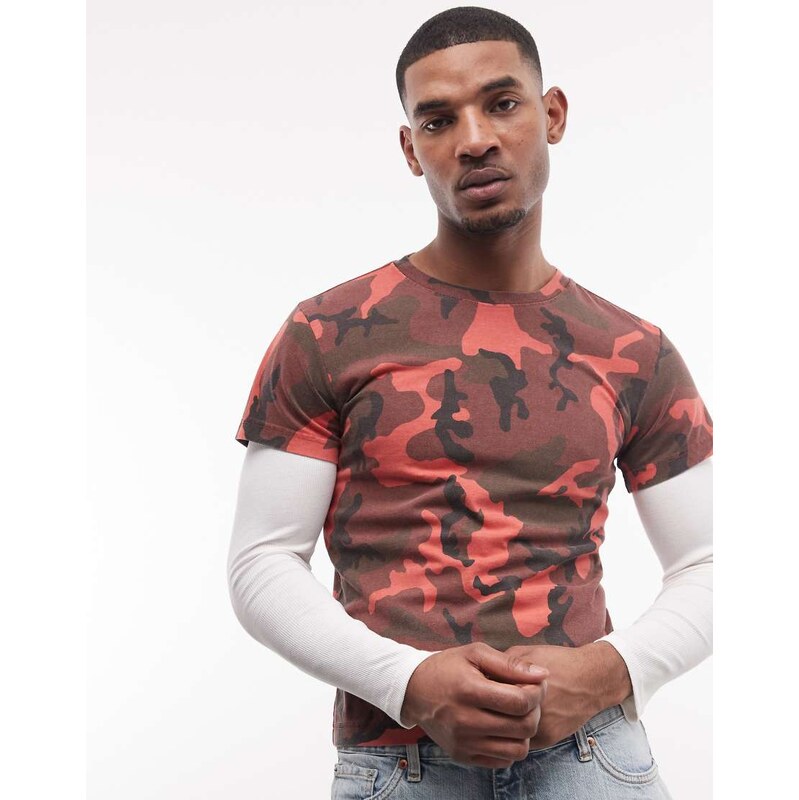 Weekday layered long sleeve shrunken fit t-shirt in red camo