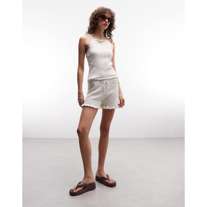 Monki crochet style frill hotpants co-ord in white