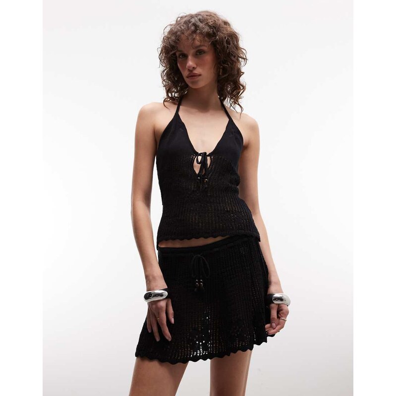Monki beaded tie crochet style top co-ord in black 114942226