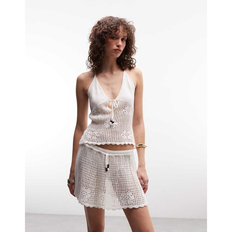 Monki beaded tie crochet style top co-ord in white 114956538