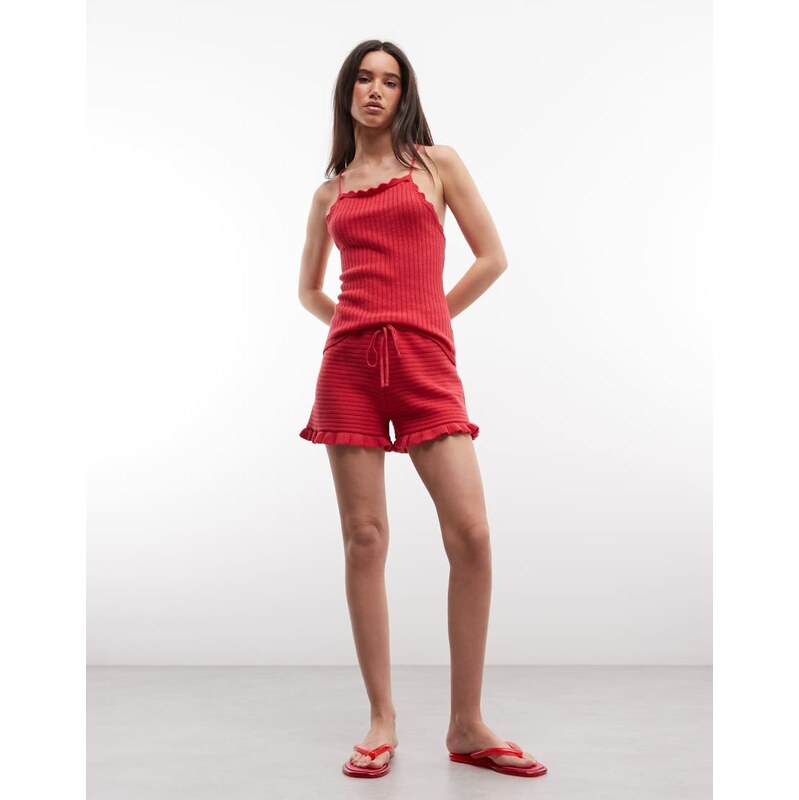 Monki crochet style frill hotpants co-ord in red