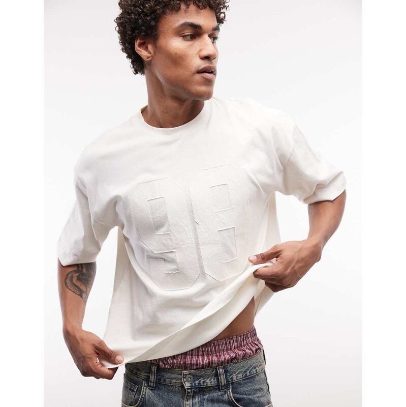 ASOS DESIGN boxy oversized t-shirt with 98 applique in cream