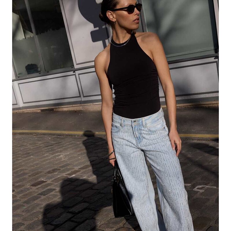 Stradivarius Petite low-rise wide-leg jeans with rhinestones in