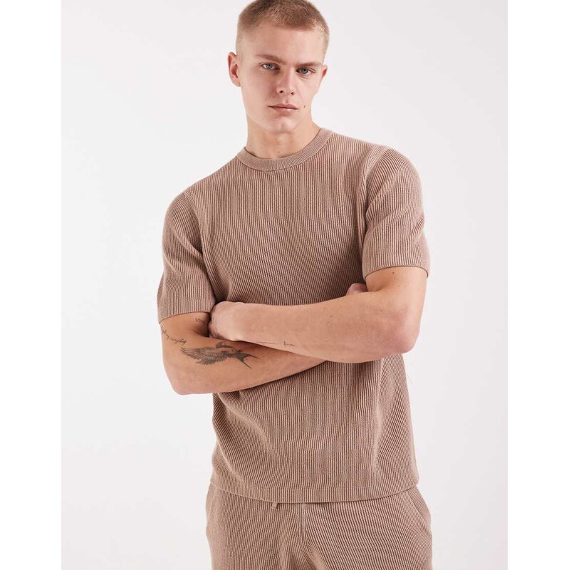 ASOS DESIGN knitted rib co-ord crew neck t-shirt in taupe
