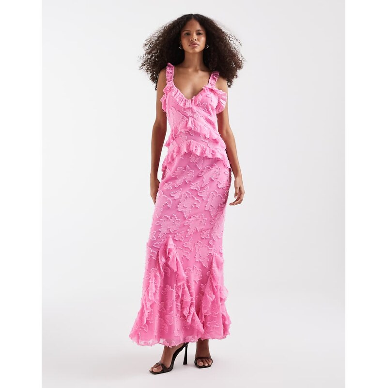 Pretty Lavish devore frill detail cami maxi dress in pink 114942059
