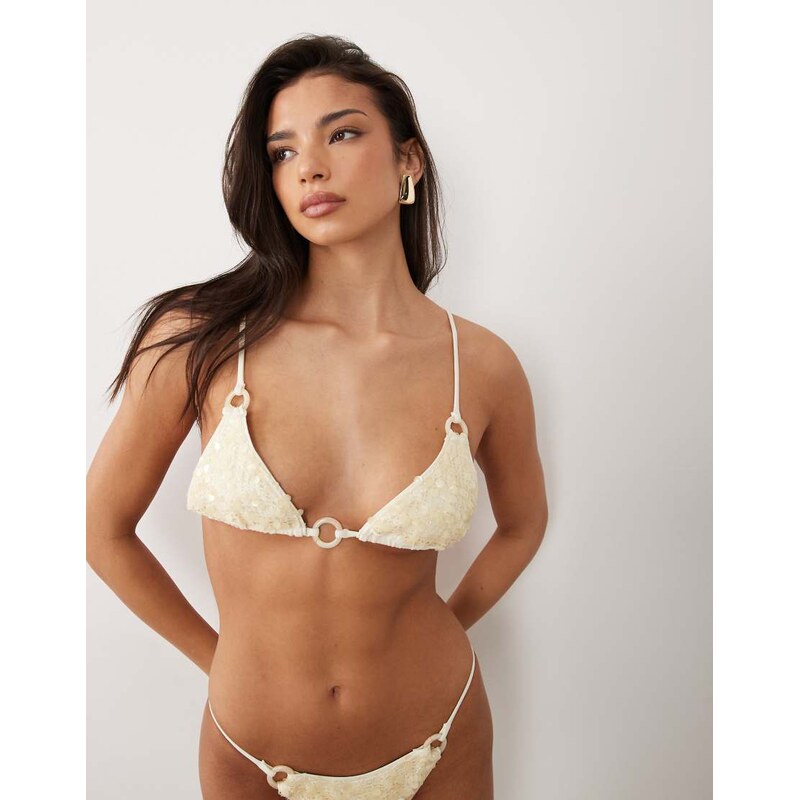 ASOS DESIGN Jessica textured sequin triangle bikini top in cream
