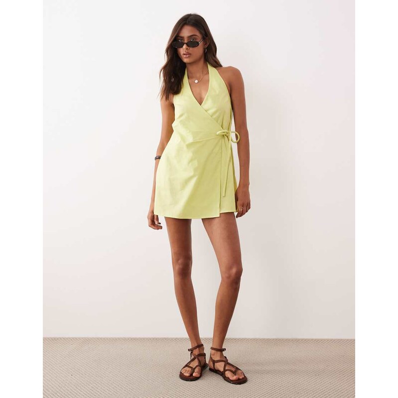 ASOS DESIGN cotton linen halter neck wrap mini sundress in