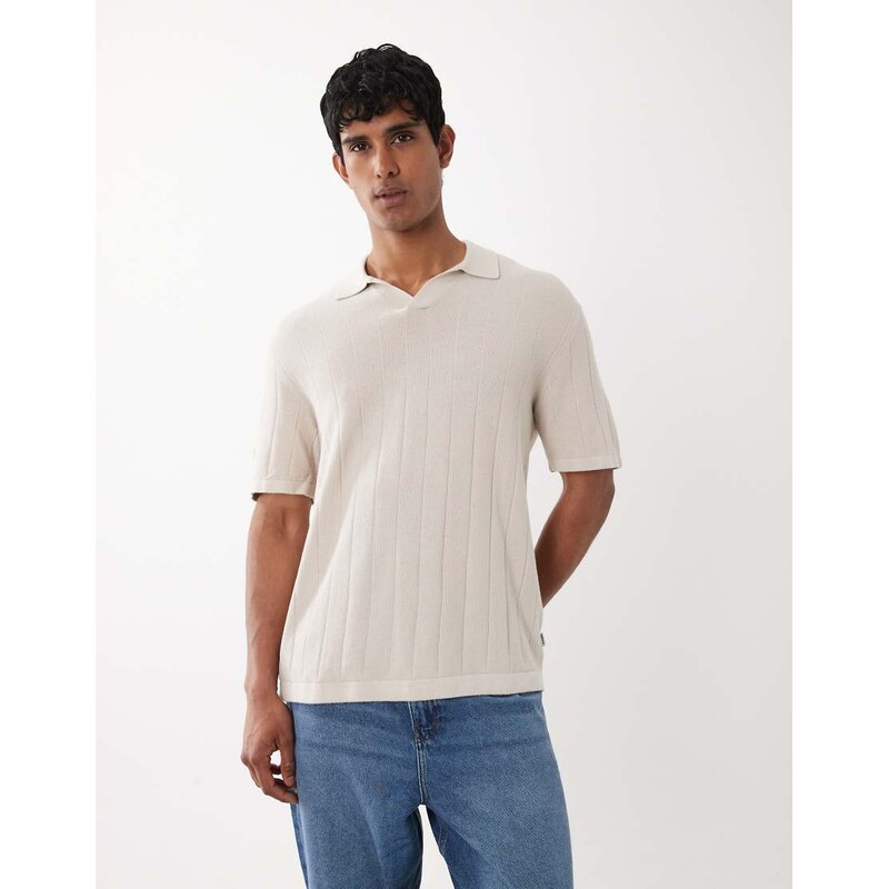 Jack & Jones knitted split neck polo in cream-White