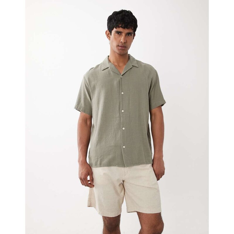 Jack & Jones textured shirt with short sleeves in khaki-Green
