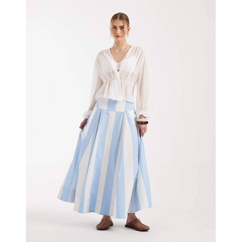 ASOS DESIGN dropped waist volume godet midi skirt in blue and white stripe-Multi