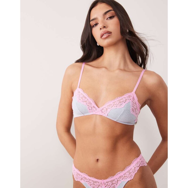 ASOS DESIGN Carmen rib triangle bra with lace trim in lilac stripe & 115520730